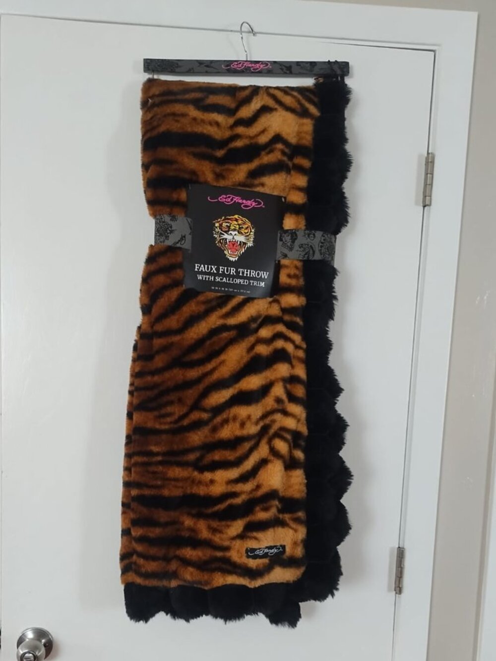 Ed Hardy Faux Fur Throw with Scalloped Trim Tiger Printed